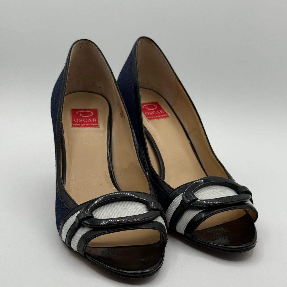 VTG RARE Oscar de la Renta O Calada Peep Toe Heels Blue/Black Size 8 - Picture 4 of 16